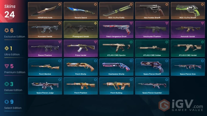 NA | 24 skins | RGX 11z Pro Firefly | Phaseguard Vandal | Kuronami Vandal | XERØFANG Knife | Neo Frontier Sheriff | Xenohunter Phantom | X3098