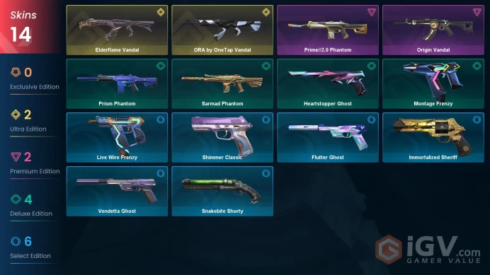 NA | 14 skins | ORA by OneTap Vandal | Elderflame Vandal | Origin Vandal | Prime//2.0 Phantom | Sarmad Phantom | Montage Frenzy | K8040