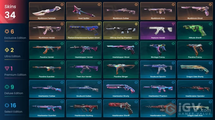 EU | 34 skins | Mystbloom Fanblade | ORA by OneTap Phantom | Mystbloom Vandal | Heart Splitter | Radiant Entertainment System Ghost | C8896
