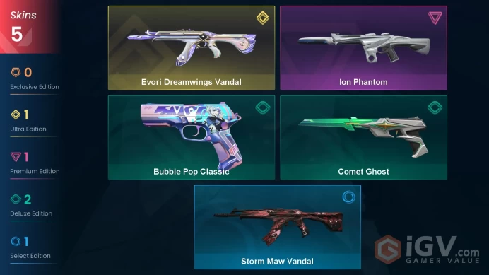NA | 5 skins | Evori Dreamwings Vandal | Ion Phantom | Bubble Pop Classic | Comet Ghost | Storm Maw Vandal | U3693