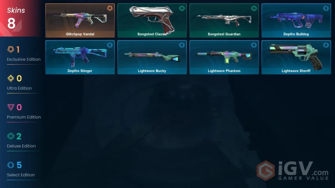 EU | 8 skins | Glitchpop Vandal | Songsteel Classic | Songsteel Guardian | Lightwave Phantom | Depths Stinger | Lightwave Sheriff | S5005