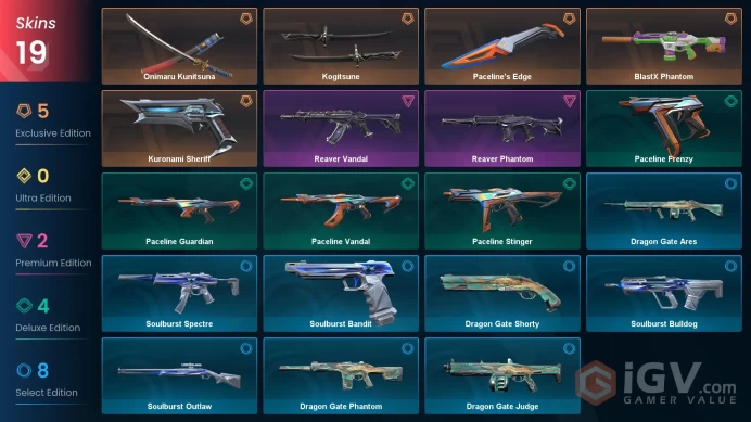NA | 19 skins | Kogitsune | Onimaru Kunitsuna | Kuronami Sheriff | BlastX Phantom | Reaver Vandal | Reaver Phantom | Paceline's Edge | O6733