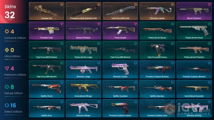 NA | 32 skins | Champions 2022 Butterfly Knife | Glitchpop Vandal | Prime Vandal | Task Force 809 Knife | Celestial Fan | Reaver Phantom | M2677