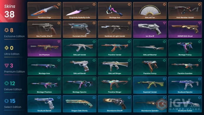 NA | 38 skins | Singularity Butterfly Knife | Neo Frontier Sheriff | Kuronami Sheriff | Sentinels of Light Vandal | Montage Axe | F8190
