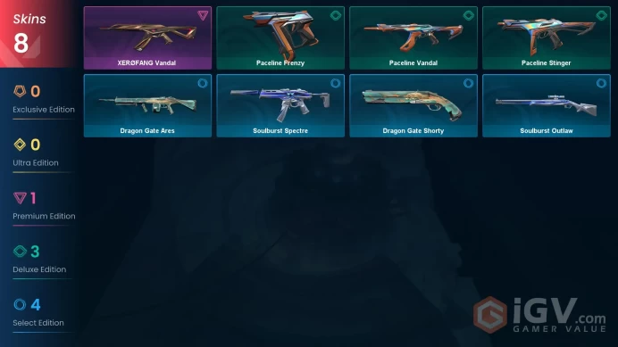 NA | 8 skins | XERØFANG Vandal | Paceline Vandal | Paceline Frenzy | Paceline Stinger | Dragon Gate Shorty | Soulburst Outlaw | V5967
