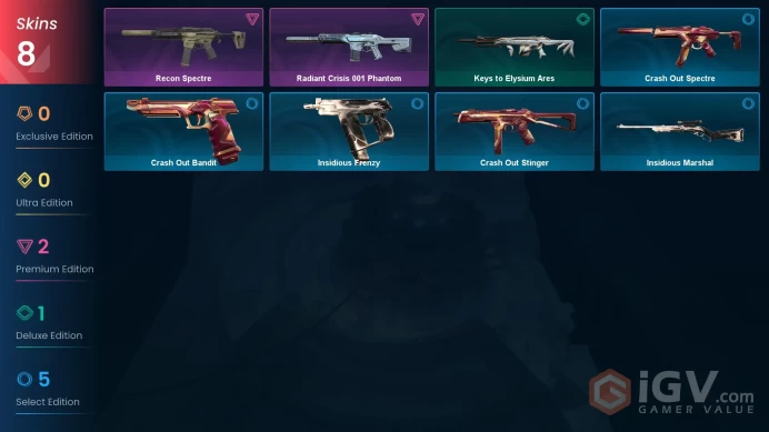 EU | 7 skins | Radiant Crisis 001 Phantom | Recon Spectre | Keys to Elysium Ares | Insidious Frenzy | Crash Out Spectre | N7379