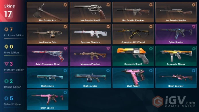 AP | 17 skins | Champions 2023 Vandal | Neo Frontier Axe | Neo Frontier Phantom | Neo Frontier Sheriff | Spectrum Phantom | M6076