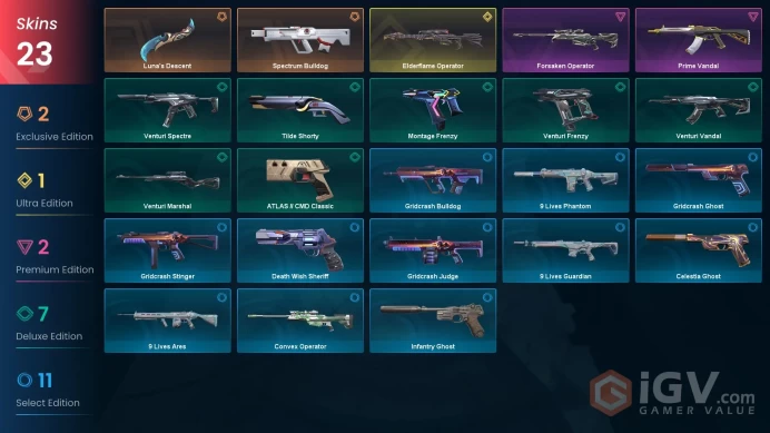 AP | 23 skins | Elderflame Operator | Luna's Descent | Prime Vandal | Spectrum Bulldog | Forsaken Operator | Venturi Marshal | Q9676