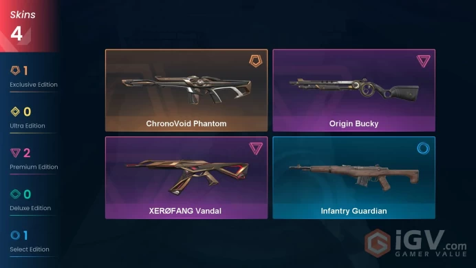 NA | 4 skins | ChronoVoid Phantom | XERØFANG Vandal | Origin Bucky | Infantry Guardian | L6335