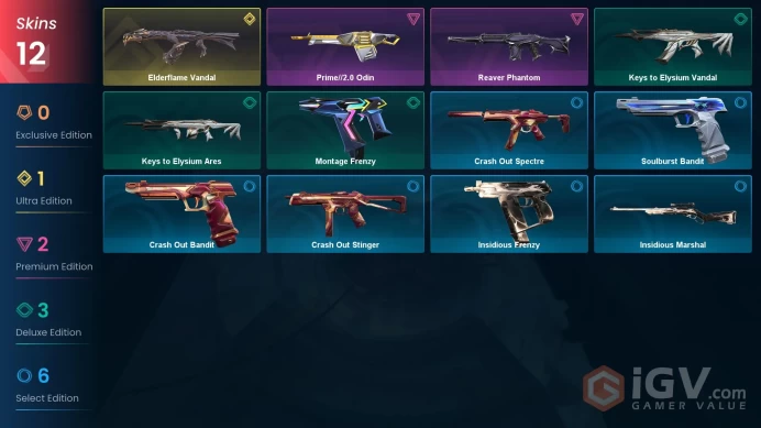 AP | 9 skins | Elderflame Vandal | Prime//2.0 Odin | Keys to Elysium Ares | Montage Frenzy | Crash Out Stinger | Soulburst Bandit | T6846