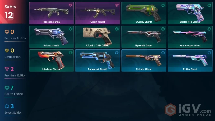 EU | 12 skins | Forsaken Vandal | Origin Vandal | ATLAS // CMD Classic | Overlay Sheriff | Heartstopper Ghost | Interhelm Classic | X9973