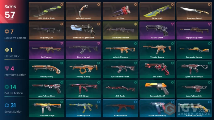 NA | 57 skins | Elderflame Operator | RGX 11z Pro Blade | Reaver Vandal | Oni Claw | Striker Knife | Velocity Karambit | Sovereign Sword | I8814