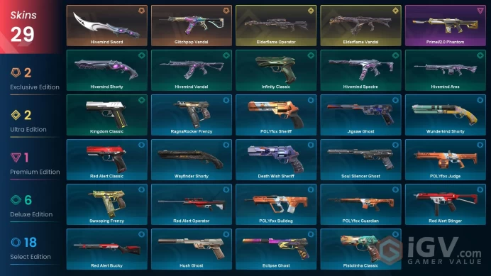 LA | 29 skins | Elderflame Vandal | Elderflame Operator | Glitchpop Vandal | Hivemind Sword | Prime//2.0 Phantom | Hivemind Ares | F4028
