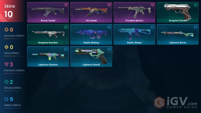 EU | 477 VP | 10 skins | Reaver Vandal | Forsaken Spectre | Oni Vandal | Songsteel Guardian | Lightwave Phantom |	V0181