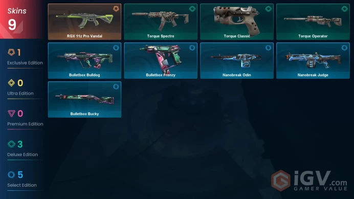 EU | VP 50 | LVL 24 | RGX 11z Pro Vandal | Torque Spectre | Torque Classic | Torque Operator | Bulletbox Frenzy | Bulletbox Bucky | Nano | V0237