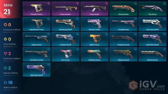 AP | VP 275 | LVL 259 | Prime Vandal | Prime Guardian | Prime//2.0 Frenzy | Velocity Shorty | Tilde Shorty | Spitfire Frenzy | Game Over | V0308