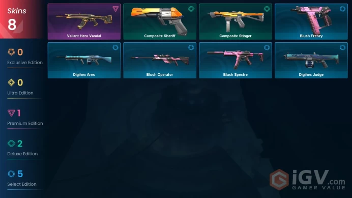 NA | VP 800 | LVL 37 | Valiant Hero Vandal | Composite Sheriff | Composite Stinger | Digihex Judge | Blush Operator | Blush Frenzy | Blu | V0400