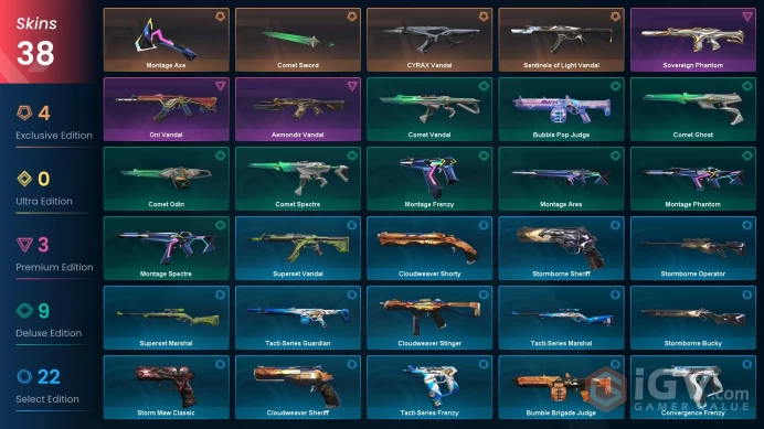 EU | VP 342 | LVL 61 | Comet Sword | Sentinels of Light Vandal | Montage Axe | CYRAX Vandal | Sovereign Phantom | Aemondir Vandal | Oni | V0363