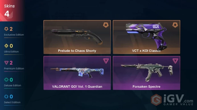 EU | VP 585 | LVL 46 | Prelude to Chaos Shorty | VCT x KOI Classic | Forsaken Spectre | VALORANT GO! Vol. 1 Guardian | V0573