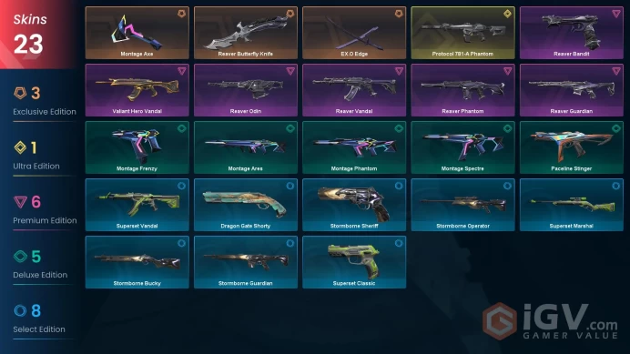 NA | VP 427 | LVL 36 | Protocol 781-A Phantom | EX.O Edge | Montage Axe | Reaver Butterfly Knife | Reaver Vandal | Reaver Guardian | Rea | V0620