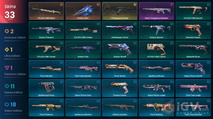LA | 164 LVL | 23 Ag | 164 VP | 33 skins | Phaseguard Vandal | ATLAS // CMD Baton | Solarex Relic | Gaia's Vengeance Guardian | 	V0094