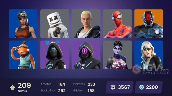 209 Skins - Parental Control ON -Mail Access - PC,PSN,XBOX,PSN - 73 Purchased Emotes - 57 Purchased Skins - 2200 VBucks -