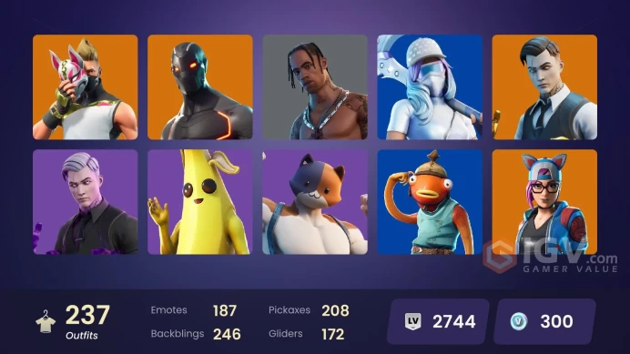 237 Skins - Mail Access - Travis Scott -  PC,PSN,XBOX,NINTENDO - Gold Midas - Gold Brutus - 62 Purchased Skins -91 Purchased Emotes