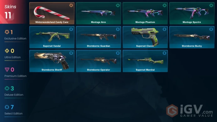 NA | VP 673 | LVL 26 | Winterwunderland Candy Cane | Montage Phantom | Montage Ares | Montage Spectre | Superset Vandal | Stormborne Gua | V0687