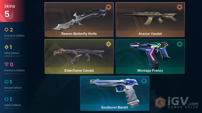 EU | VP 25 | LVL 66 | Elderflame Vandal | Araxys Vandal | Reaver Butterfly Knife | Montage Frenzy | Soulburst Bandit | V0869