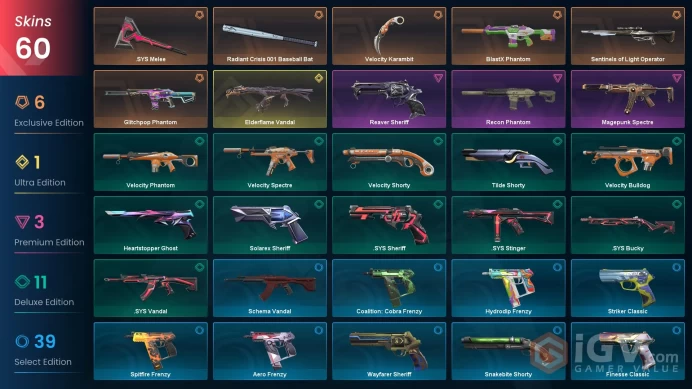 AP | 44 VP | 60 skins | Elderflame Vandal | Velocity Karambit | BlastX Phantom | Glitchpop Phantom | .SYS Melee | V0202