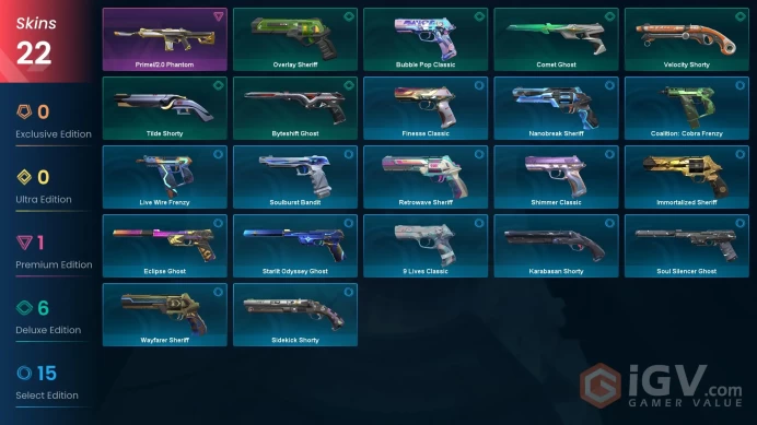 AP | VP 275 | LVL 355 | Prime//2.0 Phantom | Bubble Pop Classic | Overlay Sheriff | Tilde Shorty | Byteshift Ghost | Comet Ghost | Veloc | V0927