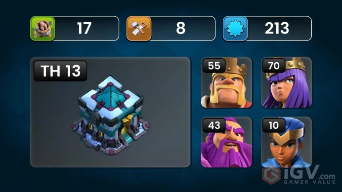 ■TH:13 (+60%) ■Heroes: K55 Q70 P40 W43 C10 ■Skins:1 ■BH:8 ■Full Access ■Instant Delivery ■A646