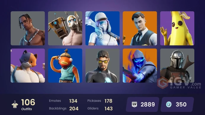 FA / 105 SKINS / TRAVIS SCOTT / GOLD MIDAS / GOLD BRUTUS / POINT PATROLLER / TRILOGY / PRODIGY / CLOUD STRIKER / STAGE 8 / MASKED FADE / XE