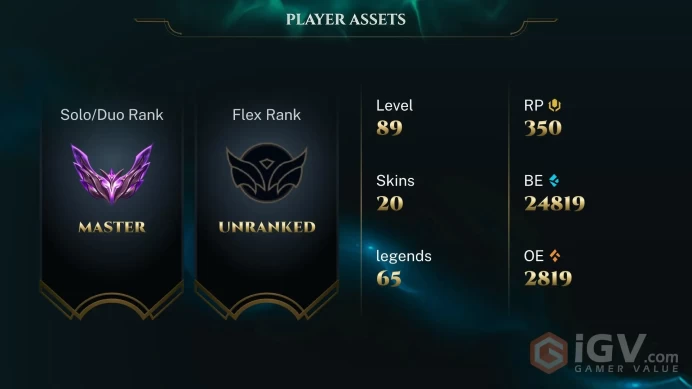 Rank: Currently - Master 196LP [EUW] > 65 Champions > 20 skins > unverified Email > Handmade > 24.8K BE