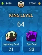KT : 15 | Level : 58 | Cup : 10000 | Max Cards :  | Lvl 15 Cards : 11 | Lvl 14 Cards : 45 | Evo Cards : 13 | Emotes : 107 | Gems : 1496