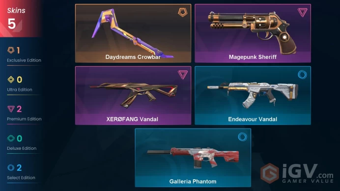 AP 5 skins 1 knifes | Daydreams Crowbar | Magepunk Sheriff | XERØFANG Vandal | Galleria Phantom | Endeavour Vandal | V0061