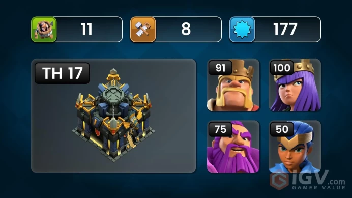 5754 WAR WINS 5MAX EQUIPMENT 9 EPIC NEAR MAX DEFENSE FREE NAME RARE VIP PREMIUM 100% SECURED TH 17 TH17 EQUIPMENT EPIC HERO SKIN GEMS