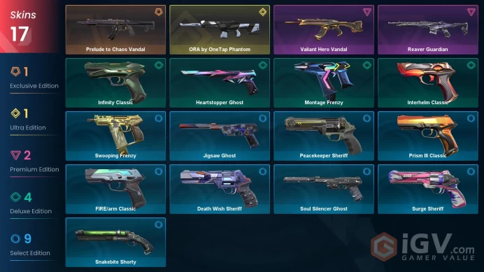 AP 17 skins | ORA by OneTap Phantom | Prelude to Chaos Vandal | Reaver Guardian | Valiant Hero Vandal | Montage Frenzy | V0303