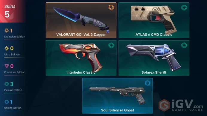 AP 5 skins | VALORANT GO! Vol. 3 Dagger | Interhelm Classic | Solarex Sheriff | ATLAS // CMD Classic | Soul Silencer Ghost | V0392