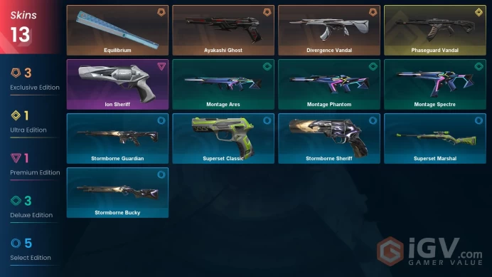 NA 13 skins | Phaseguard Vandal | Ayakashi Ghost | Divergence Vandal | Equilibrium | Ion Sheriff | Montage Phantom | Montage Spectre | V0422