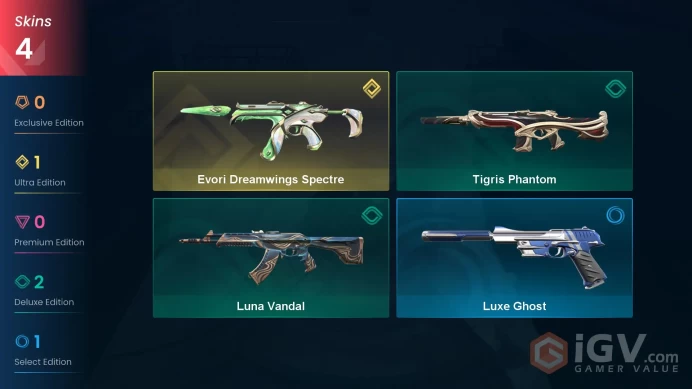 EU 4 skins | Evori Dreamwings Spectre | Luna Vandal | Tigris Phantom | Luxe Ghost | V0457