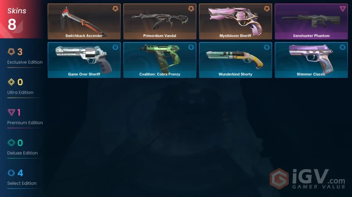 AP 8 skins 1 knifes | Mystbloom Sheriff | Primordium Vandal | Switchback Ascender | Xenohunter Phantom | Game Over Sheriff | V0244