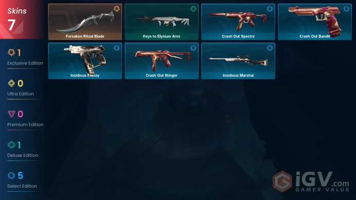 EU 7 skins | Forsaken Ritual Blade | Keys to Elysium Ares | Insidious Frenzy | Crash Out Spectre | Insidious Marshal | Crash Out Stinger | V0577