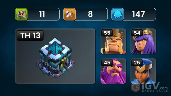 ■TH:13 (+75%) ■Heroes: K55 Q54 P50 W45 C25 ■Skins:4 ■BH:8 ■Full Access ■Instant Delivery ■A7164
