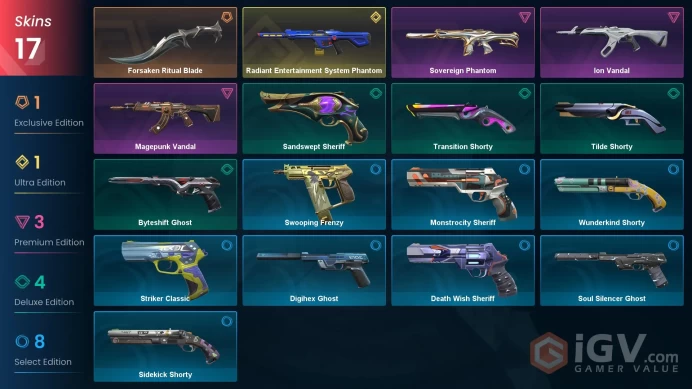 17 Skin // EU-TR // Magepunk Vandal + Ion Vandal + Sovereign Phantom + Radiant Phantom + Forsaken Blade // FULL Access // Valorant Best Skins