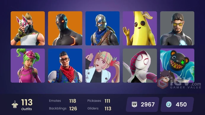 113 Skins - Mail Access -Blue Squire - Royale Knight - PC,PSN,SWITCH,XBOX -Carbide Stage 5 - 49 Purchased Emotes - Shadow Pack Skins - 