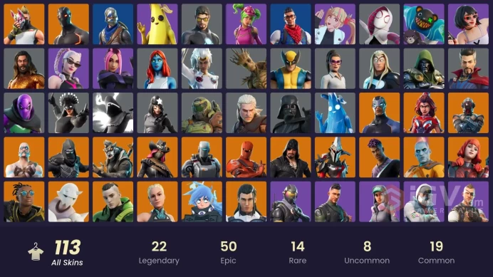 113 Skins - Mail Access -Blue Squire - Royale Knight - PC,PSN,SWITCH,XBOX -Carbide Stage 5 - 49 Purchased Emotes - Shadow Pack Skins - 