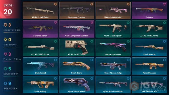 AP | 20 skins | Nocturnum Phantom | ATLAS // CMD Baton | Mystbloom Operator | Aemondir Vandal | Gaia's Vengeance Guardian | Oni Ares | E3212