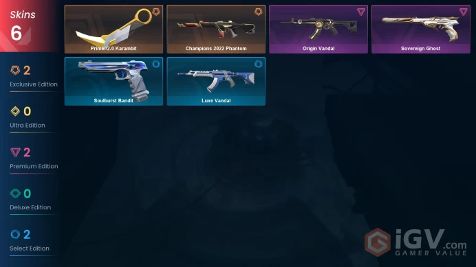 NA | 6 skins | Champions 2022 Phantom | Prime//2.0 Karambit | Origin Vandal | Sovereign Ghost | Luxe Vandal | Soulburst Bandit | J9642