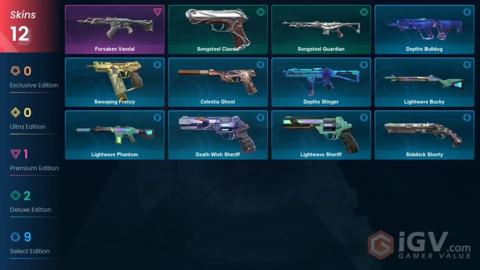 AP | 11 skins | Forsaken Vandal | Songsteel Classic | Songsteel Guardian | Depths Stinger | Lightwave Sheriff | Depths Bulldog | N5576
